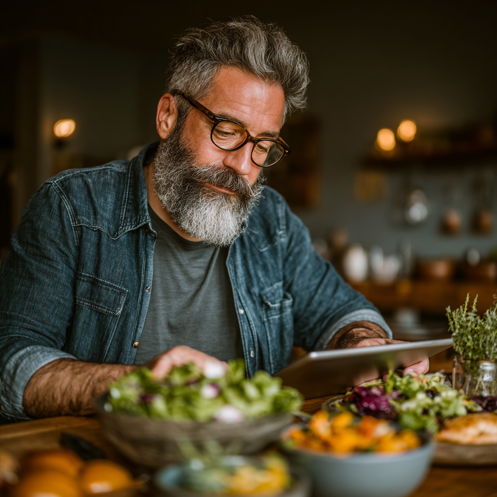 Чоловік 58 років переглядає план харчування на планшеті за столом з здоровою їжею