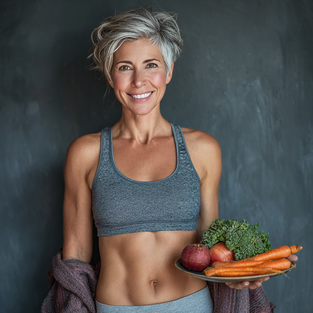 Жінка 52 років у спортивному одязі тримає тарілку зі здоровою їжею та усміхається