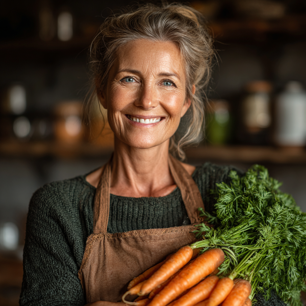Жінка 55 років готує здорову їжу на кухні, усміхається та тримає свіжі овочі